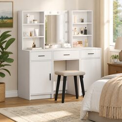 3-Piece White Dressing Table Set with LED Mirror