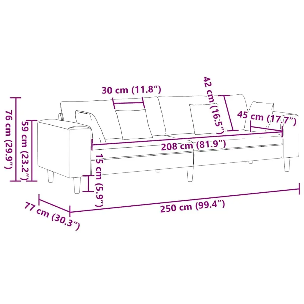 Sofa Spring Cushion Black Velvet Contemporary Living Room Furniture 250 x 77 x 76 cm