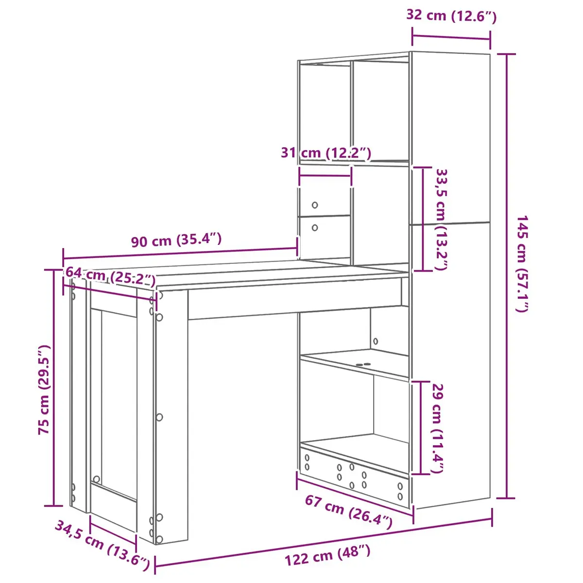 White Writing Desk with Shelves Storage Engineered Wood Office Furniture 122cm
