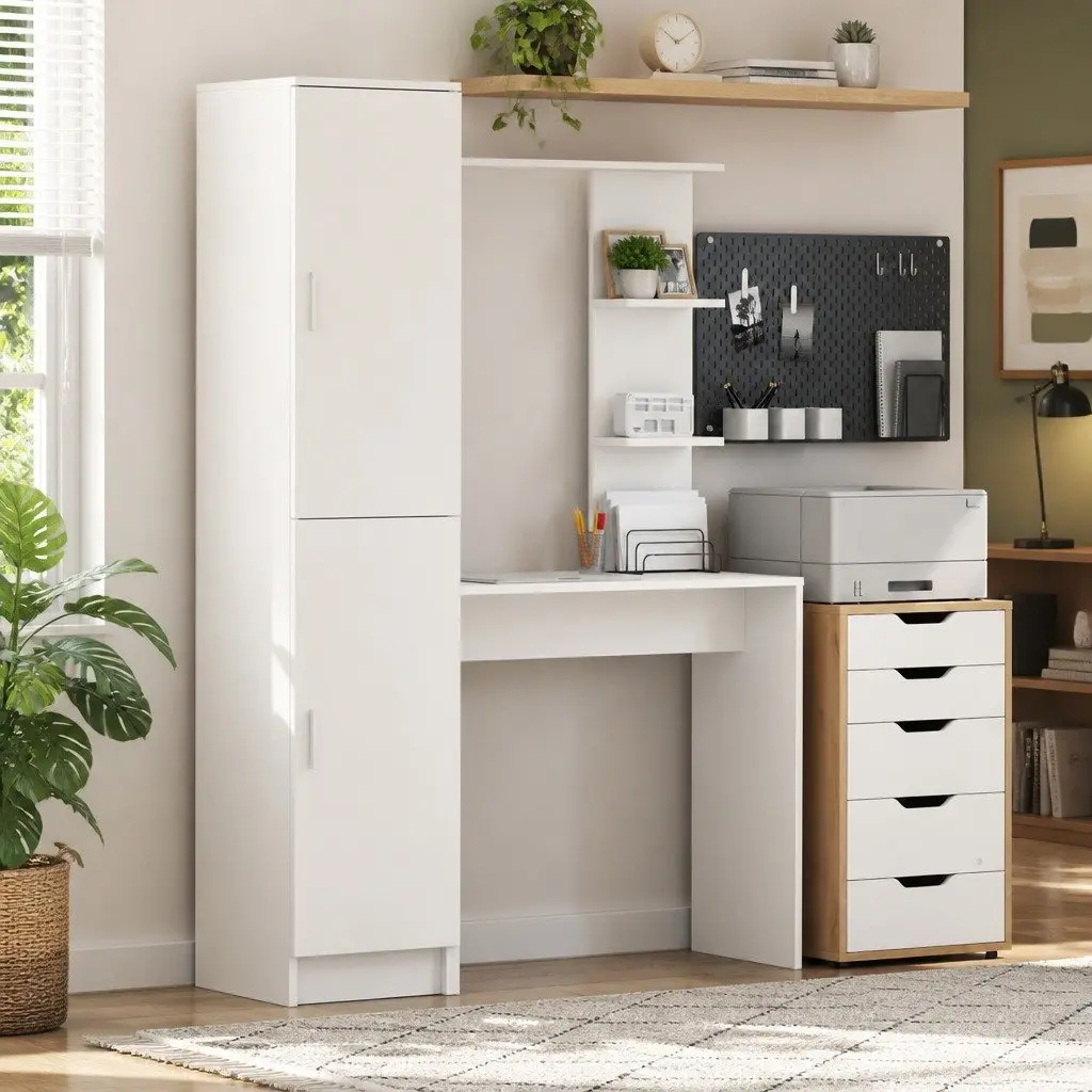 Desk with Shelves and Hinged Doors Engineered Wood White 2 Piece