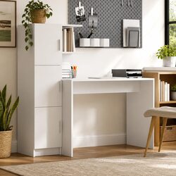 White Engineered Wood Desk with Storage Cabinet and Shelves