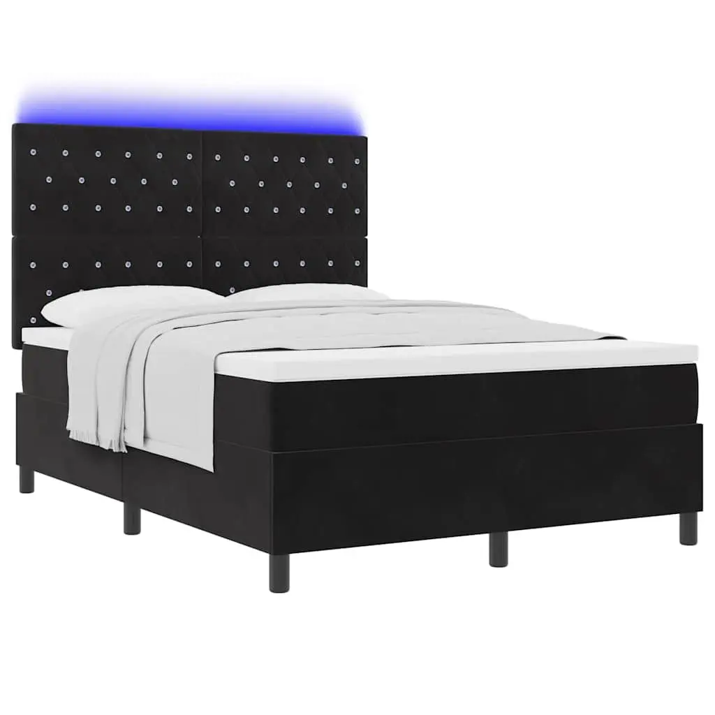 Black Velvet Box Spring Bed with Adjustable Headboard 152 x 203 cm and RGB LED Lighting