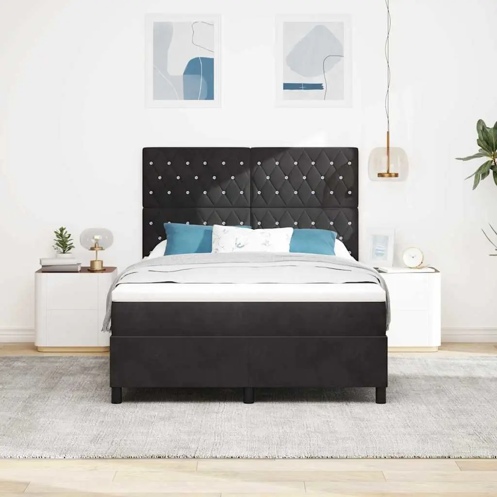 Black Velvet Box Spring Bed with Adjustable Headboard 152 x 203 cm and RGB LED Lighting