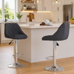 2-Piece Adjustable Grey Velvet Bar Stool Set