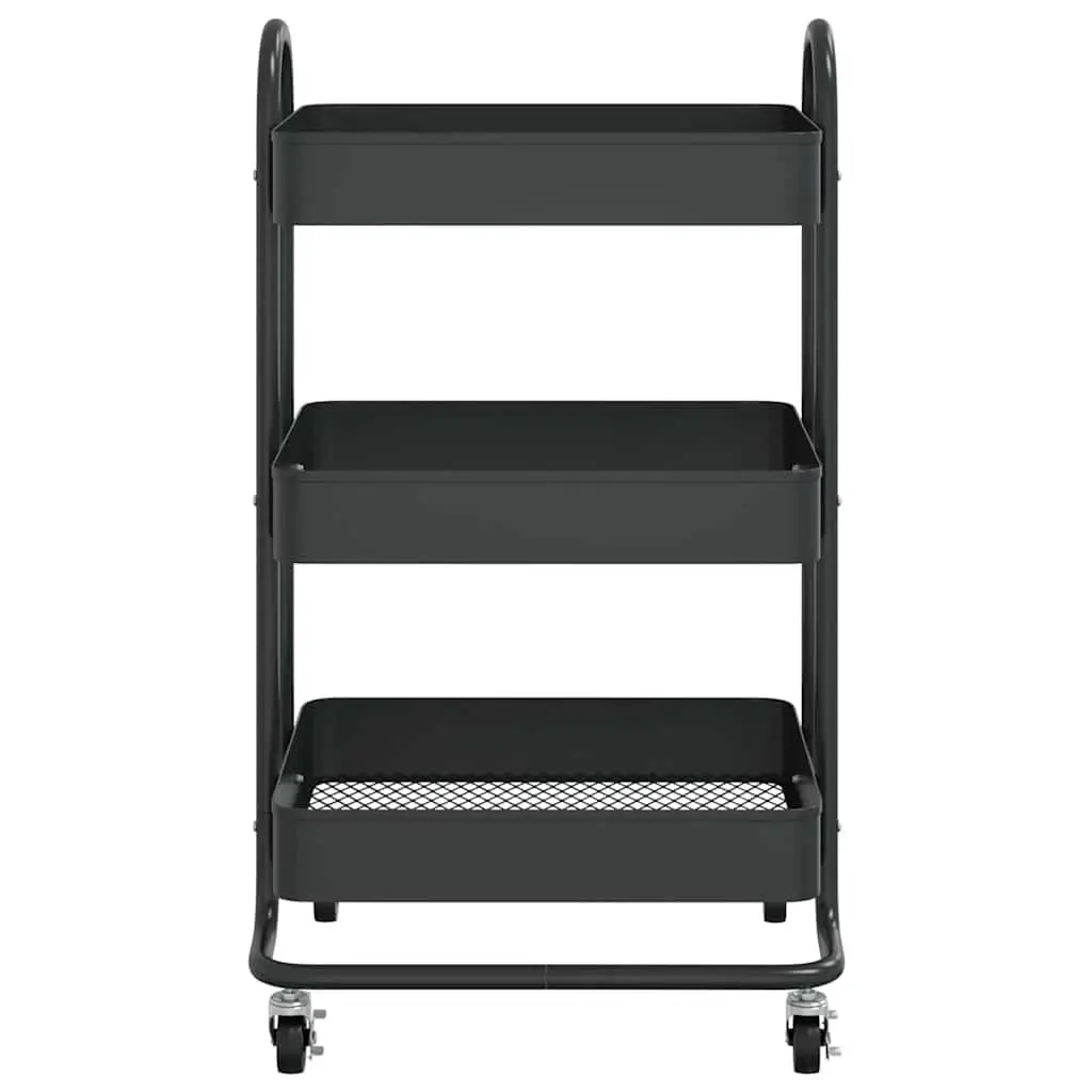 3-Tier Storage Trolley Mobile Cart Black Steel Kitchen Office Organiser