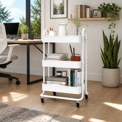 3-Tier Steel Storage Trolley in White with Wheels