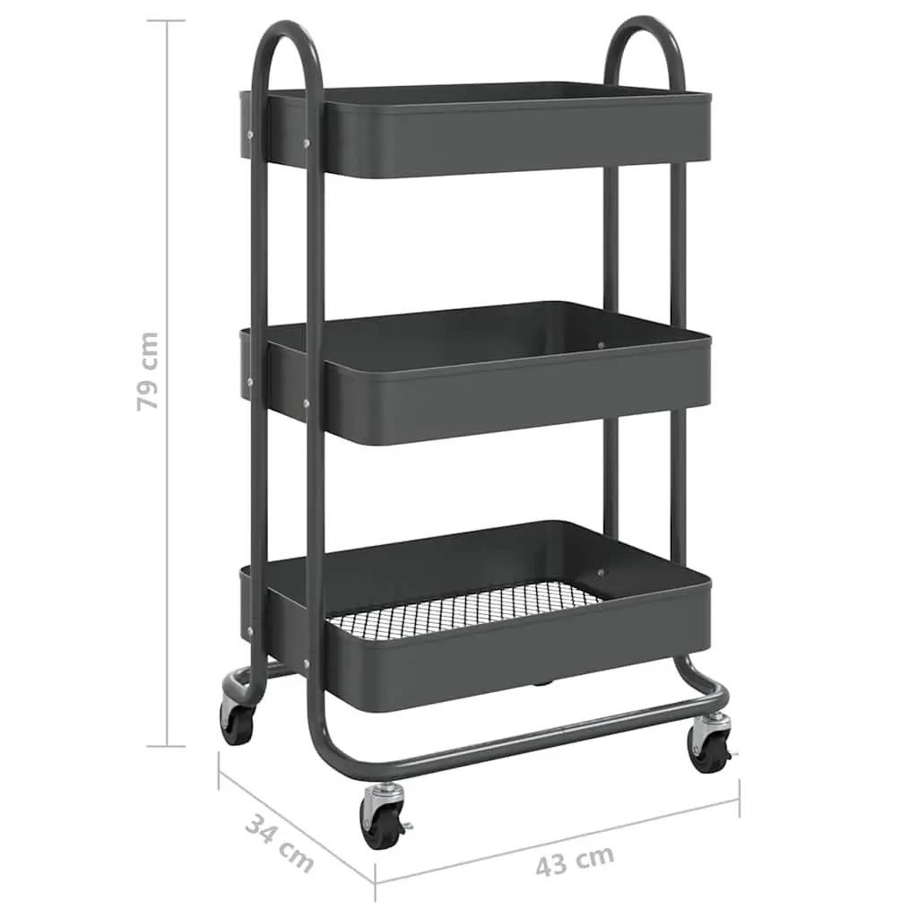 3-Tier Storage Trolley Steel Mobile Cart Anthracite