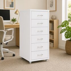 White Metal Mobile Filing Cabinet with 6 Drawers