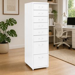 8-Drawer White Metal File Cabinet with Wheels