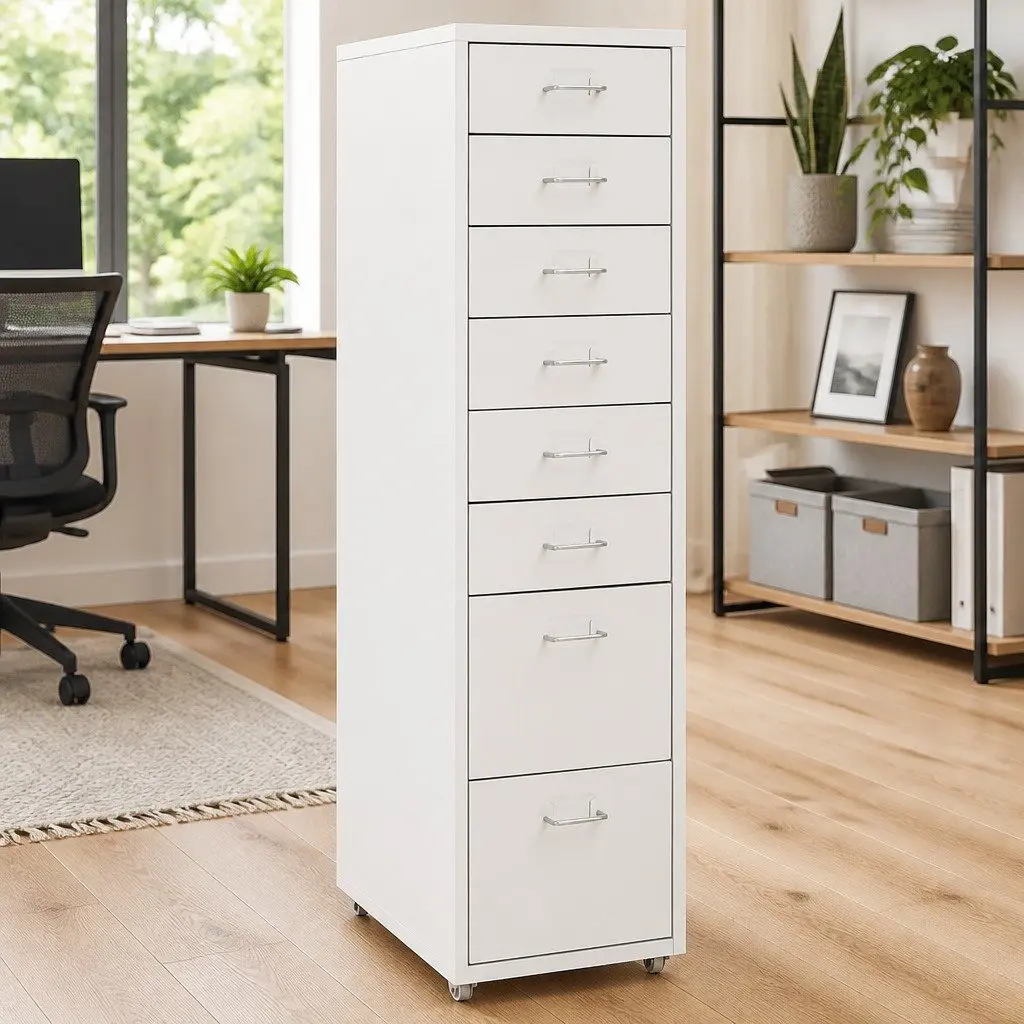 Mobile Filing Cabinet Durable Metal 8 Drawer Grey Office Storage with Wheels