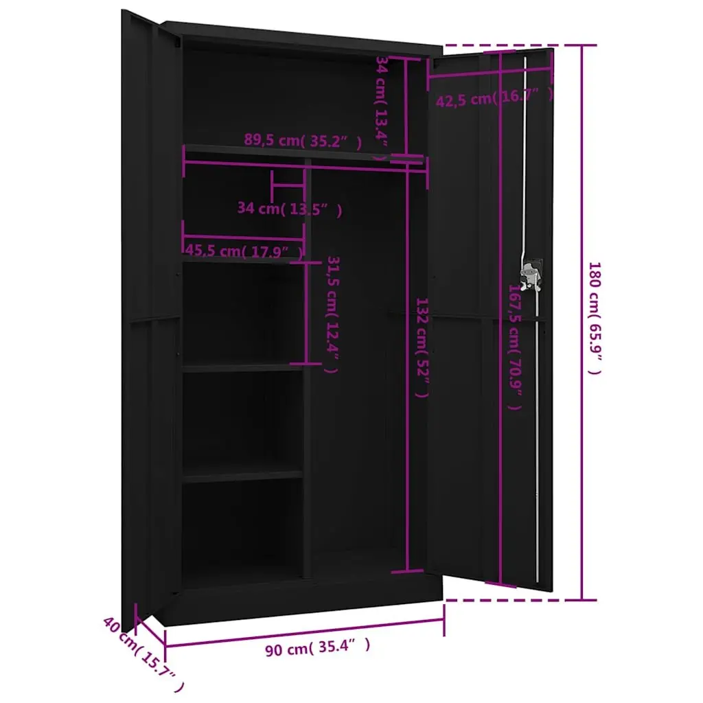 Steel Locker Cabinet Black Storage Organiser 4 Shelves Filing Wardrobe