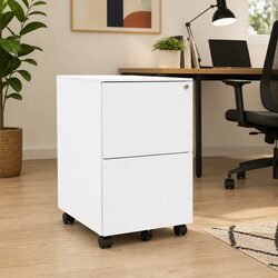 Compact White Steel Mobile File Cabinet with Two Drawers