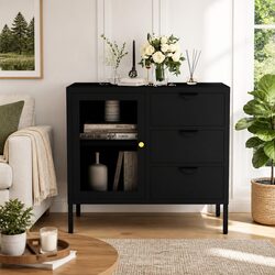 Black Storage Cabinet with Adjustable Shelf and Drawers