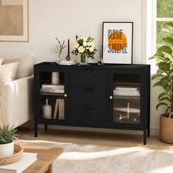 105x35x70 cm Black Storage Cabinet with Tempered Glass Drawers