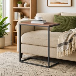 C-Shaped Side Table: Black Engineered Wood and Iron Frame