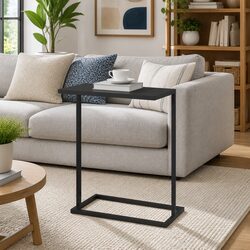 C-Shaped Side Table in Black with Engineered Wood and Iron