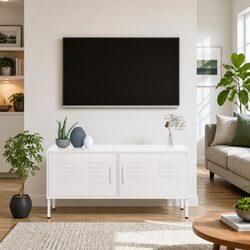 White Steel TV Cabinet with Storage and Cable Management