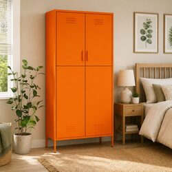 Steel Wardrobe Cabinet in Orange with Adjustable Storage