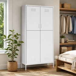 White Steel Storage Cabinet with Hanging Rod and Shelves