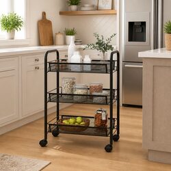 Black 3-Tier Kitchen Trolley with Removable Mesh Baskets