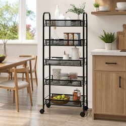 5-Tier Storage Cart with Black Mesh Baskets and Wheels