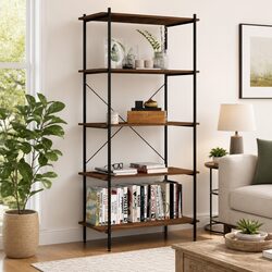 5-Tier Black Steel and Wood Shelving Unit