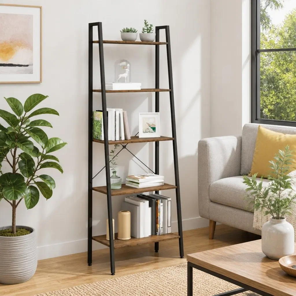 5-Tier Standing Shelf Compact Dark Brown Black Storage Bookcase