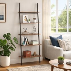 5-Tier Leaning Shelf Bookcase with Steel Frame in Dark Brown