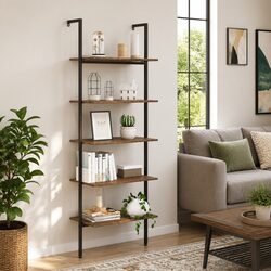 5-Tier Leaning Shelf with Steel Frame, Dark Brown/Black