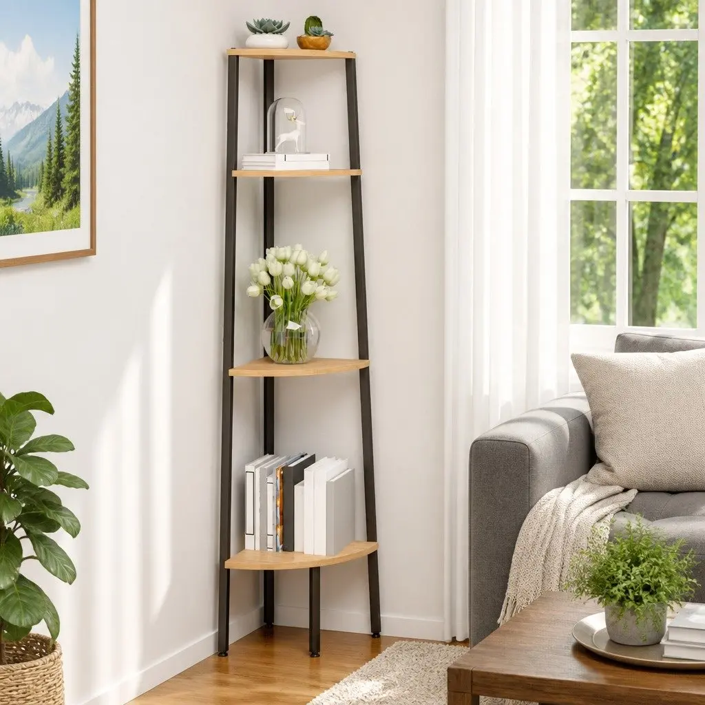 4-Tier Corner Shelf Unit Steel Frame Brown and Black