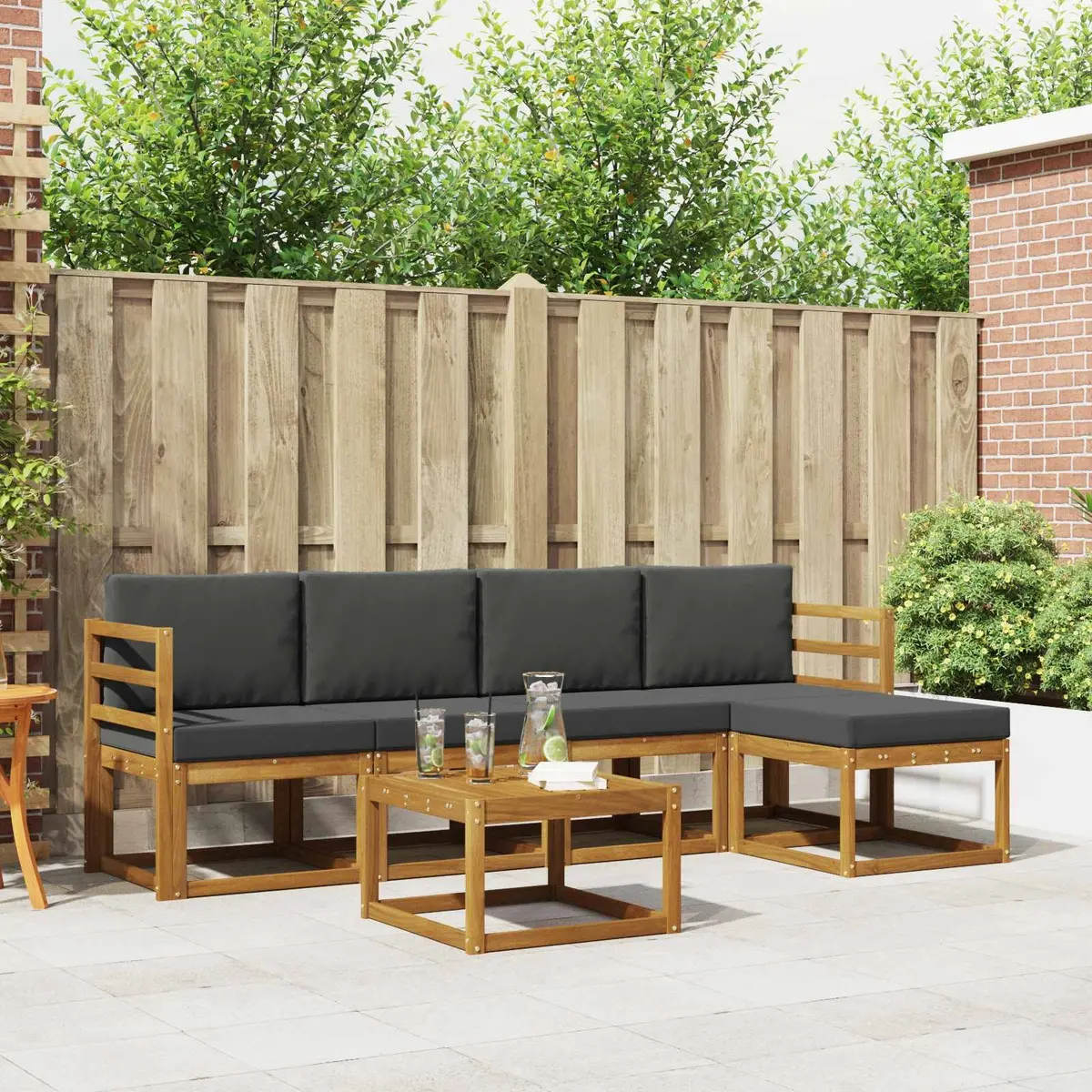Outdoor Sectional Sofa Set Cushioned 6 Piece Natural Acacia with Anthracite Accents