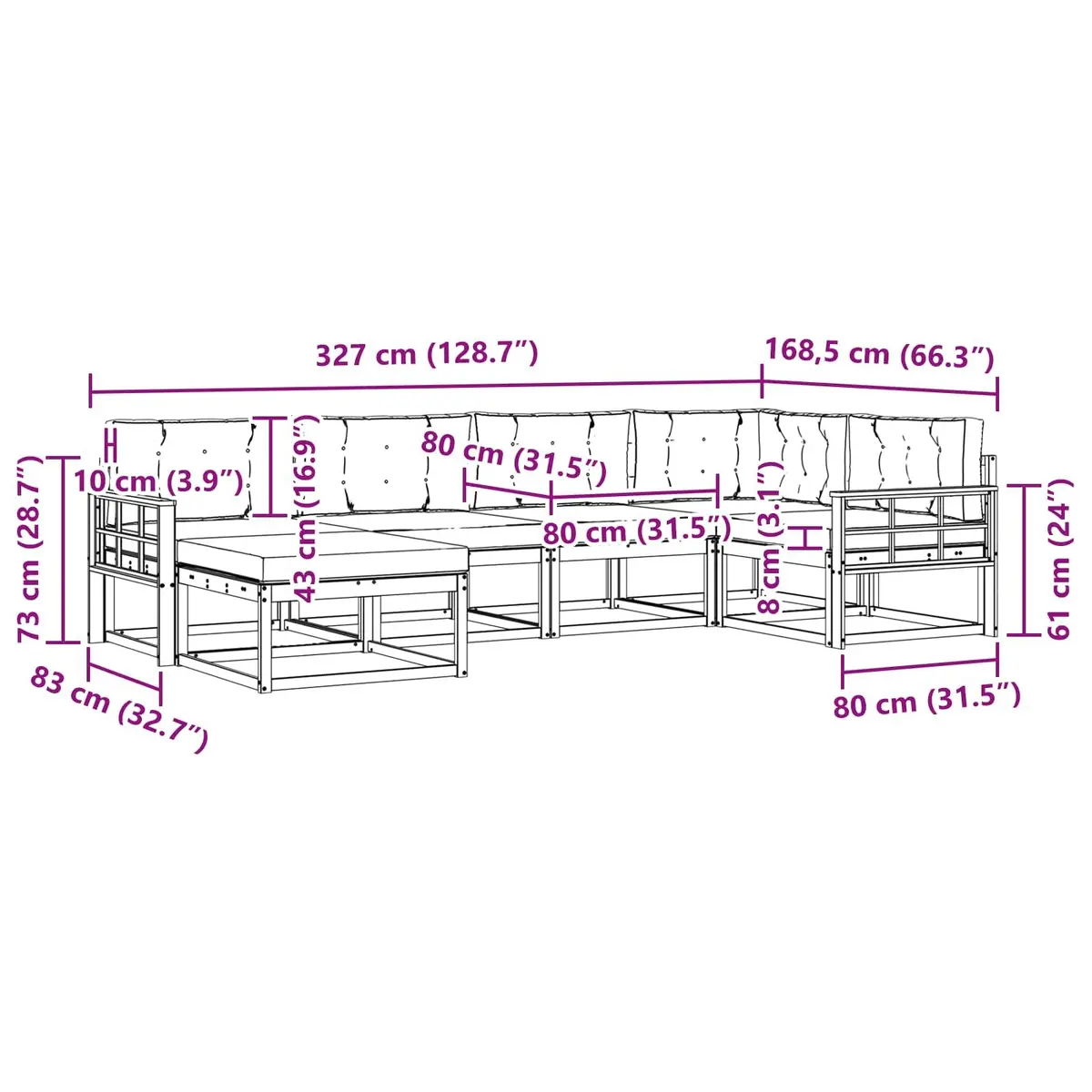 Outdoor Sofa Set Modular Comfort 6 Piece Brown Acacia Wood