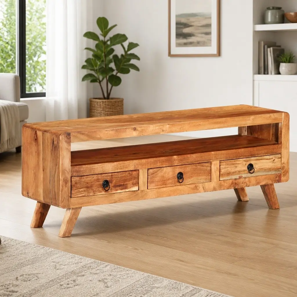 TV Cabinet Solid Acacia Wood Storage Unit with Drawers 110x30x40 cm Brown