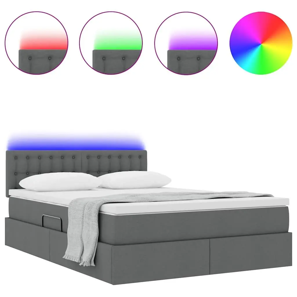 LED Storage Bed with Mattress Medium-Firm 152x203cm Dark Grey Upholstered Frame Lift