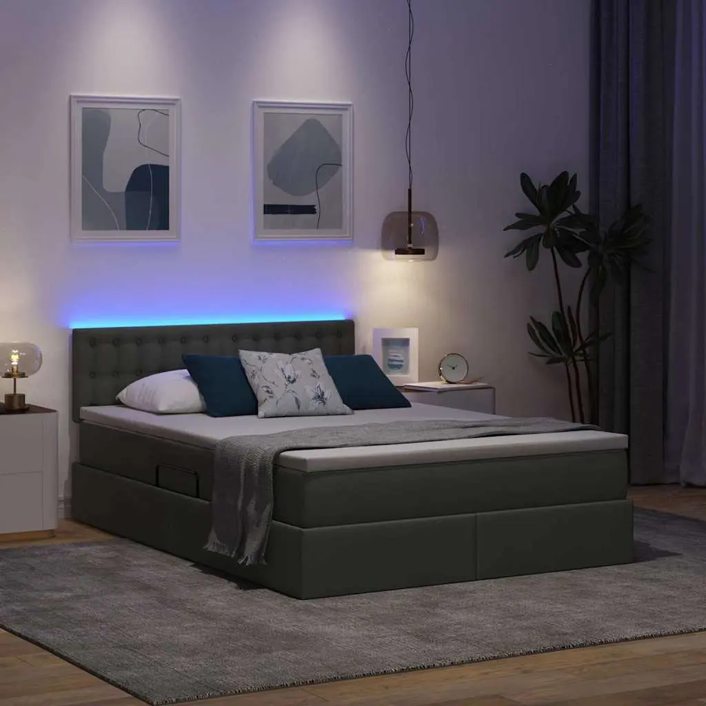 LED Storage Bed with Mattress Medium-Firm 152x203cm Dark Grey Upholstered Frame Lift