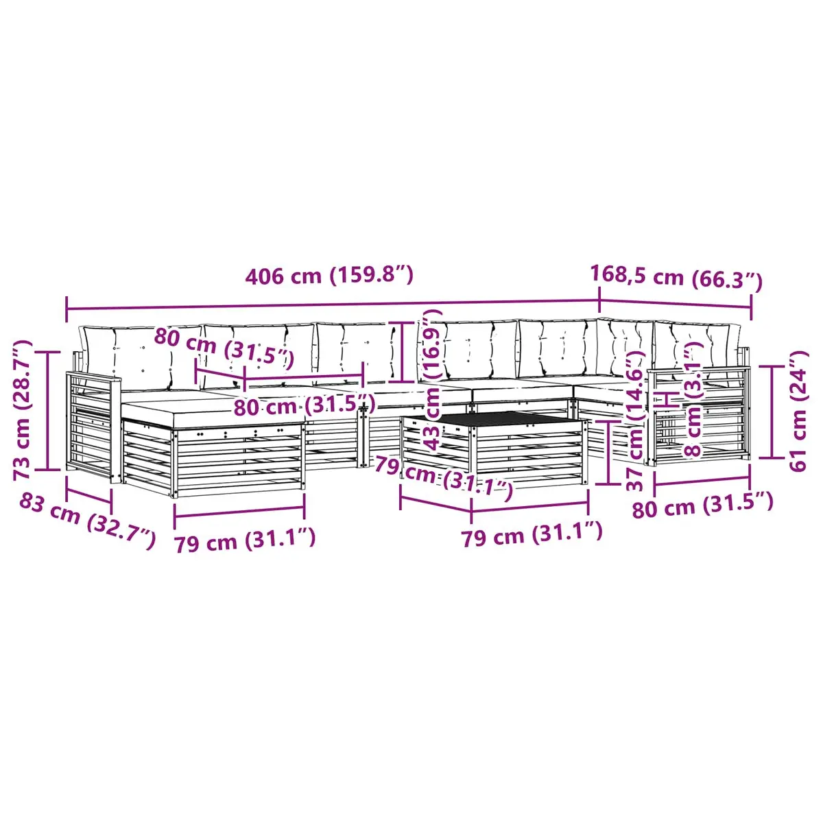 Outdoor Sectional Sofa Set 8 Pieces Modular Patio Garden Furniture with Cushions
