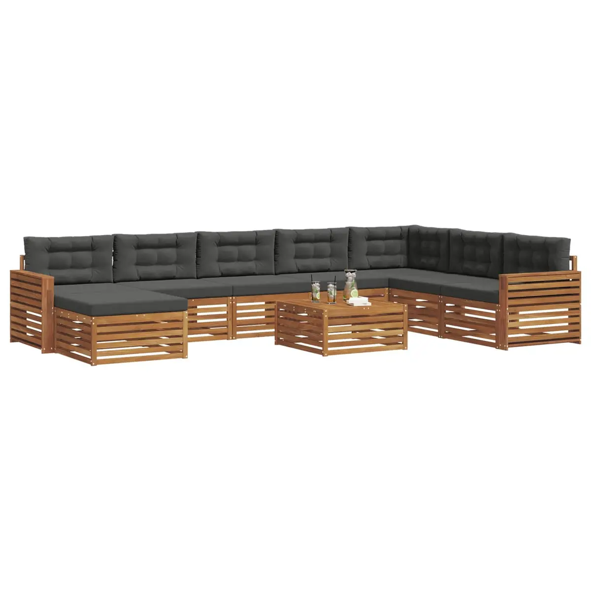 9 Piece Modular Outdoor Sofa Set Anthracite Polyester Cushions Natural Acacia Wood Patio Sectional