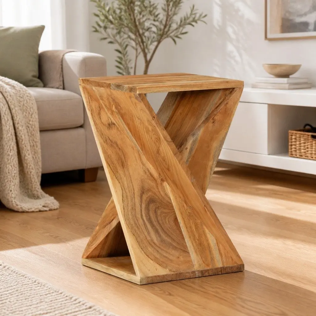 Solid Wood Acacia Side Table 35x35x55 cm Brown End Table Twisted Design