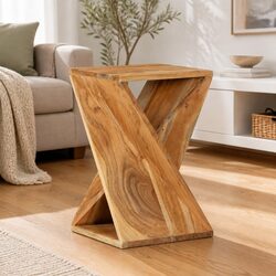 Solid Acacia Wood Side Table with Twisted Detail 35x35x55 cm