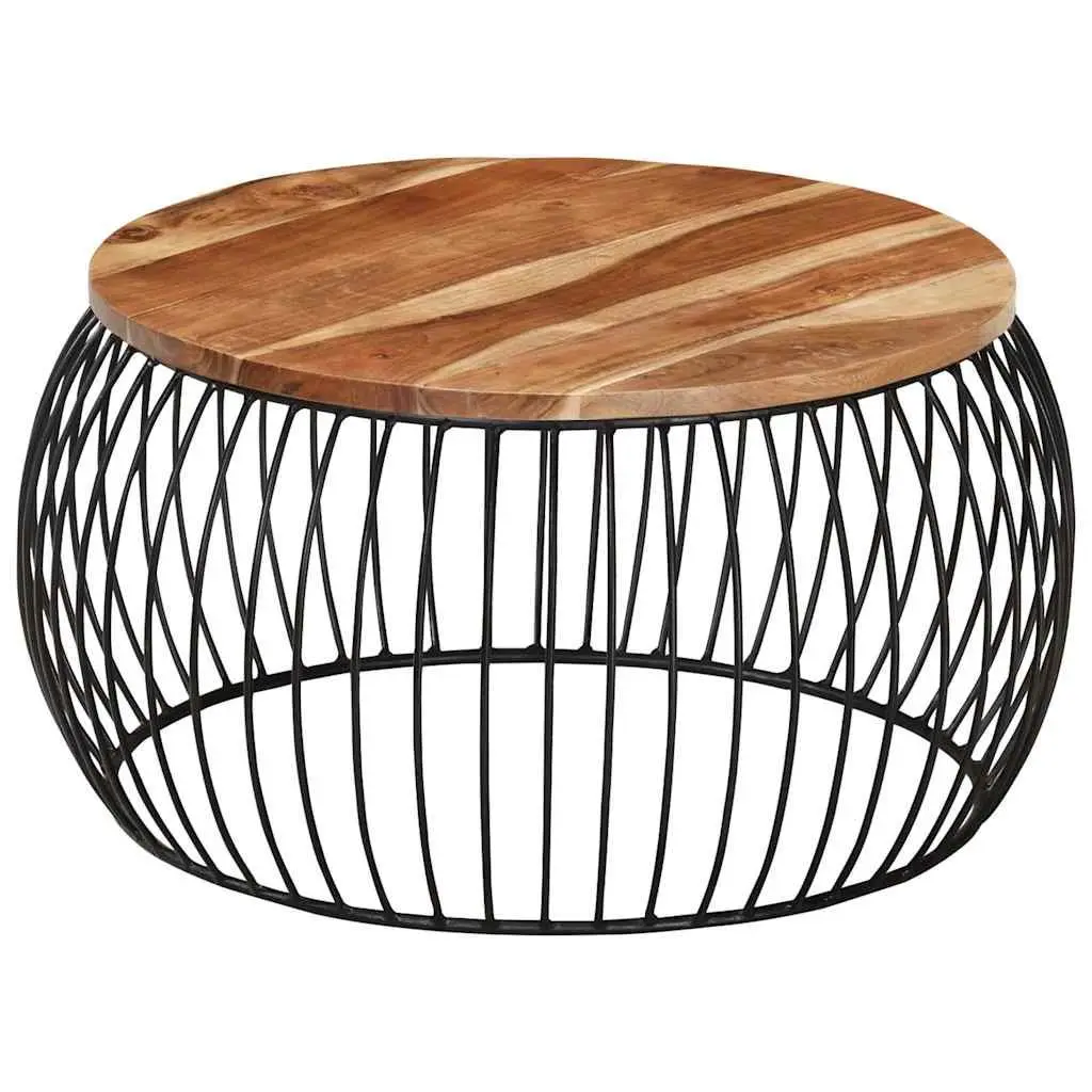 Coffee Table Vintage Style Round 68 cm Brown Solid Acacia Wood with Powder Coated Iron Frame for Living Room