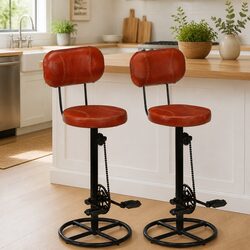 Brown Upholstered Bar Stools Set with Bicycle Pedal Footrests