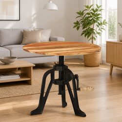 Adjustable Side Table: Solid Acacia Wood & Cast Iron
