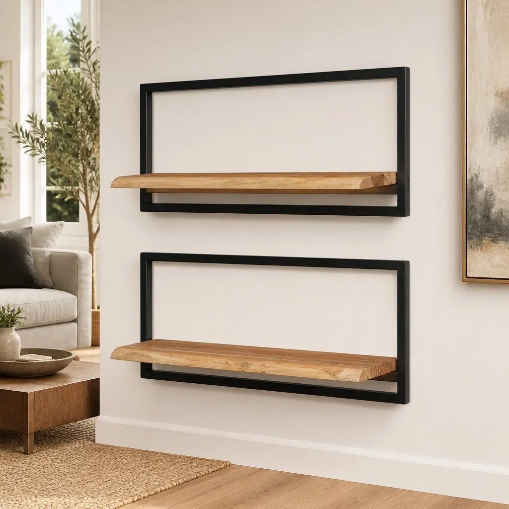 Wall Shelves Floating Display Shelf Natural Live Edge Solid Acacia Wood Steel Frame 80x25x35 cm Brown 2 Pieces
