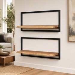 Set of 2 Floating Wall Shelves with Steel Frame
