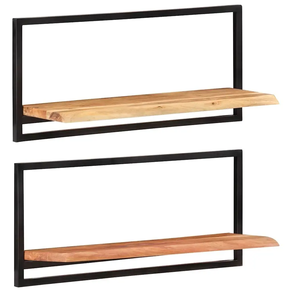 Wall Shelves Floating Display Shelf Natural Live Edge Solid Acacia Wood Steel Frame 80x25x35 cm Brown 2 Pieces