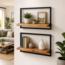 Set of 2 Floating Wall Shelves in Solid Acacia Wood