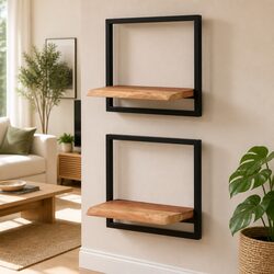 2-Piece Floating Wall Shelves Acacia Wood with Steel Frame