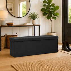 Folding Storage Bench with Faux Linen Upholstery