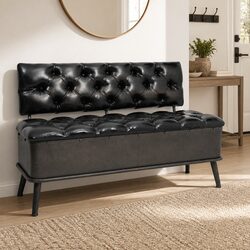 Storage Bench with Backrest 110cm Black Faux Leather