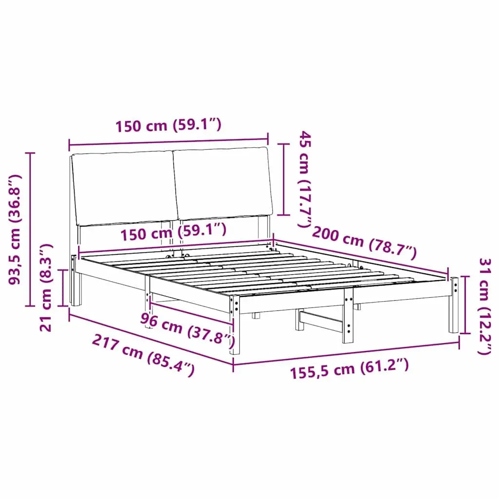 Bed Frame 150x200cm Solid Pine Wood with Upholstered Headboard in Brown and Dark Grey